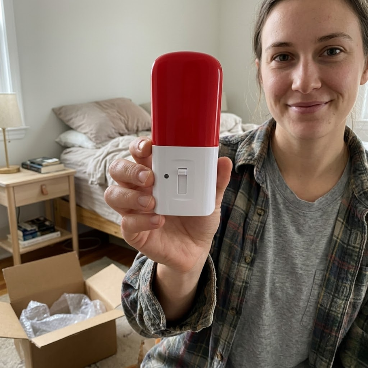 A woman in a plaid shirt holds up a red and white night light in a bedroom.