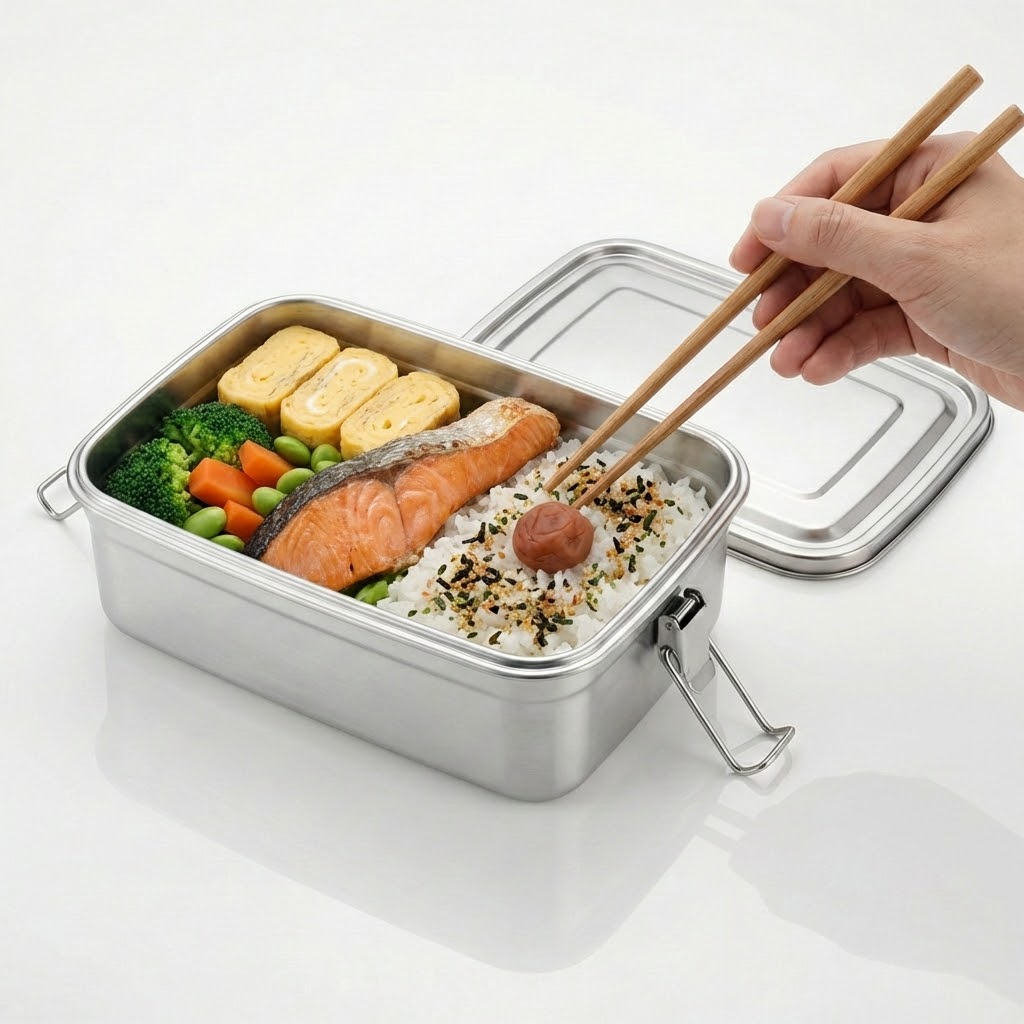 A hand using chopsticks to eat from a stainless steel bento box with salmon, rice, and vegetables.