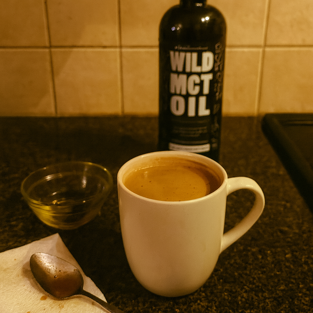 A white mug of coffee with a bottle of MCT oil and a spoon nearby.