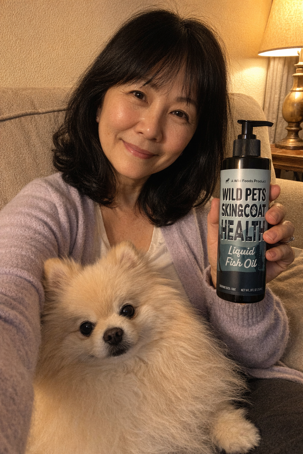 Person holding a bottle labeled 'Wild Pets' with a fluffy dog.