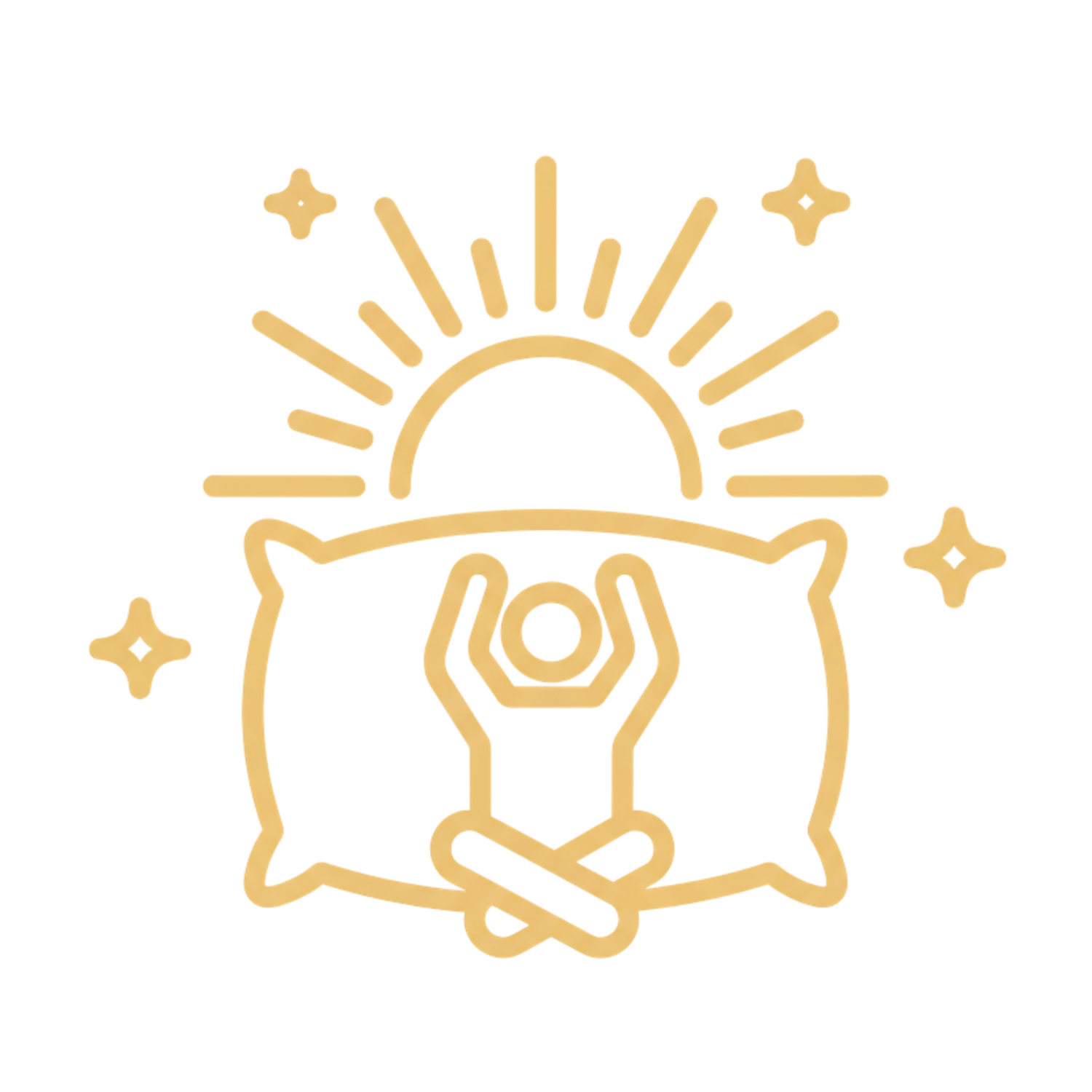Illustration of a person stretching in front of a rising sun with a pillow and stars.