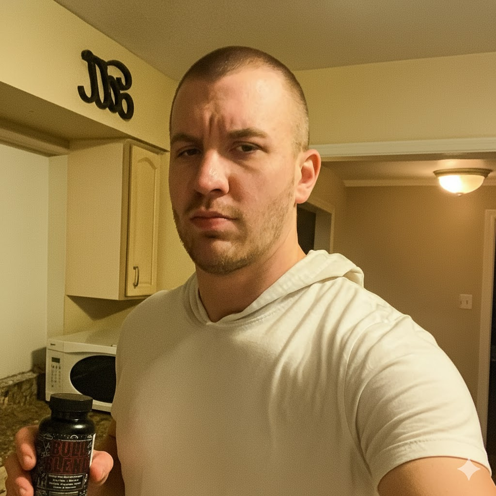 Person in a kitchen holding a bottle labeled 'BULK.'