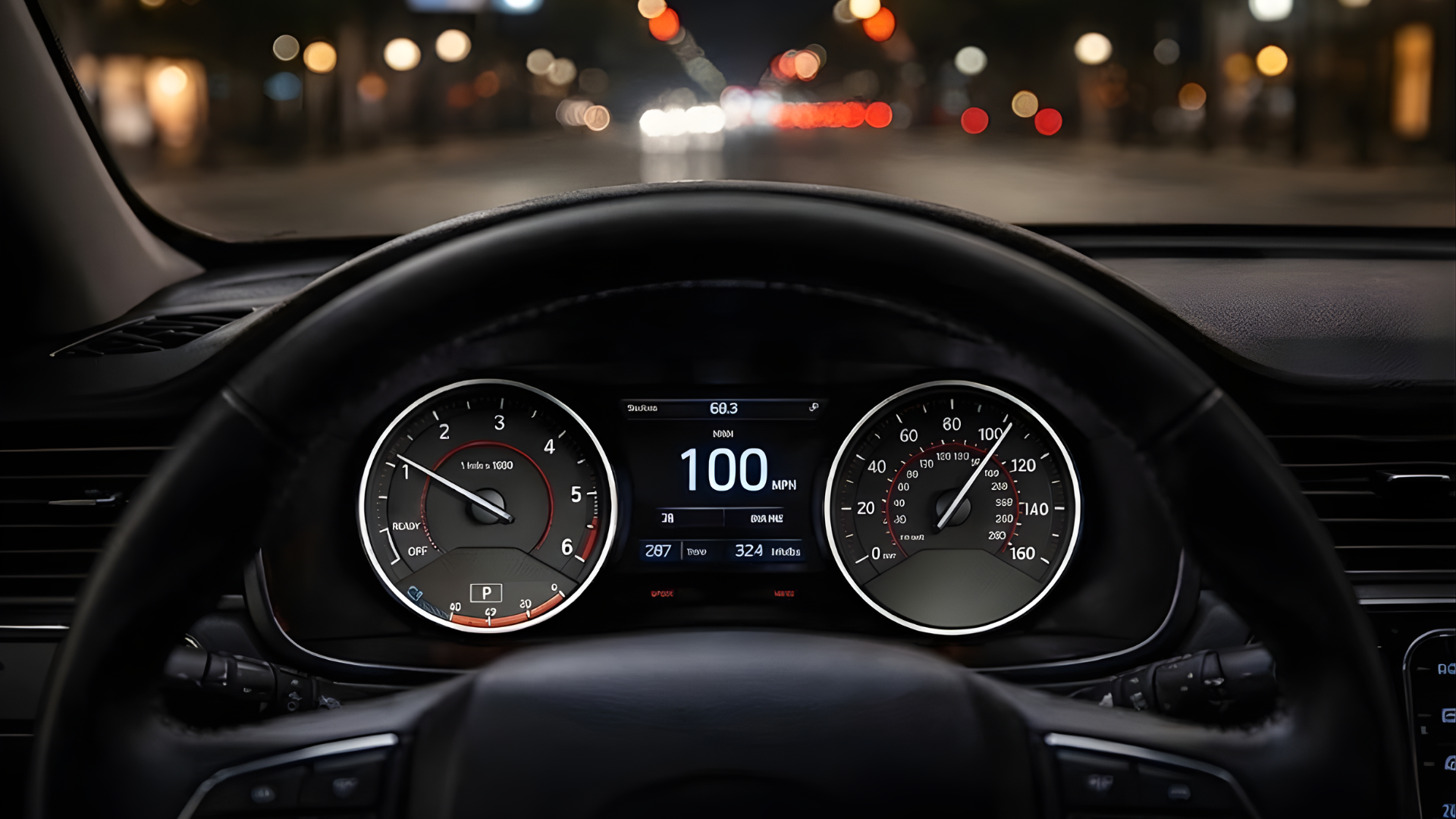 Car dashboard at night showing speed and RPM gauges.