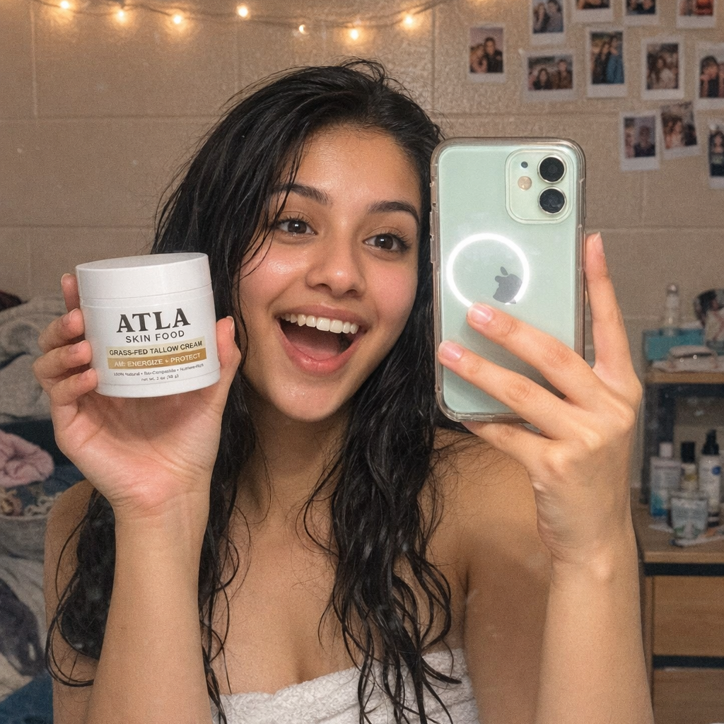 Person holding skincare product and taking a selfie with a phone.