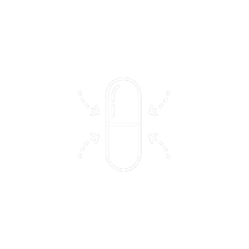 White outline of a pill with arrows on a black background.