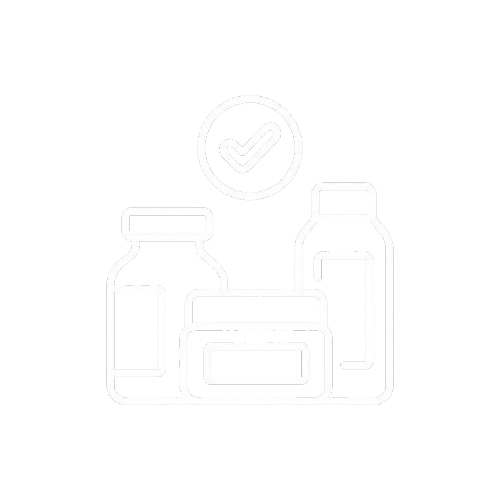 Outline of bottles and jars with a checkmark above them on a black background.