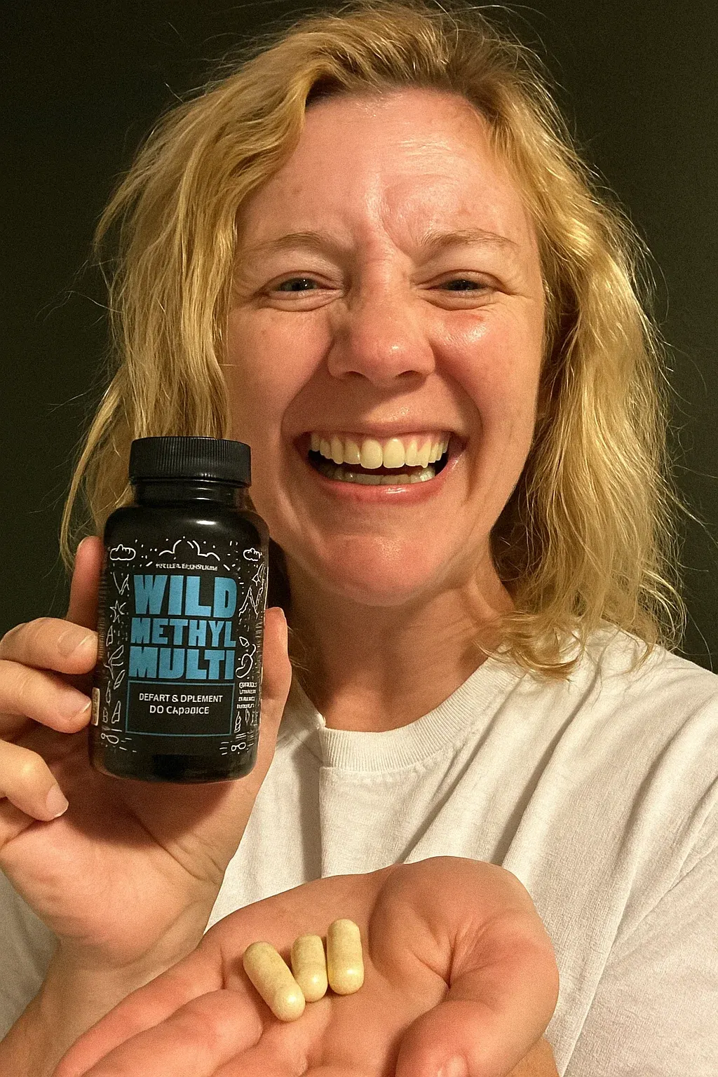 Person smiling, holding supplement bottle and capsules in hand.