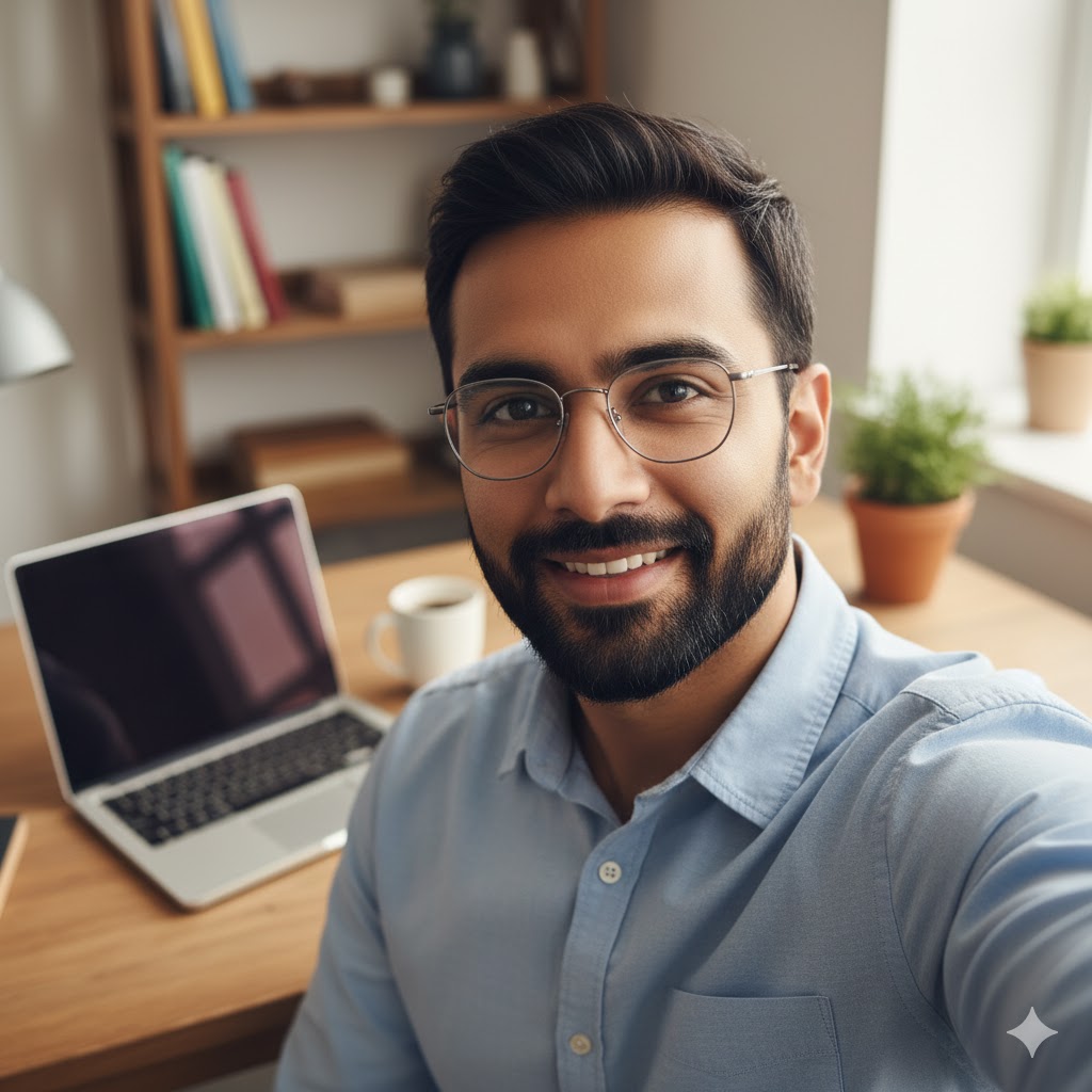 Man with glasses smiling in a home office with laptop and plants.