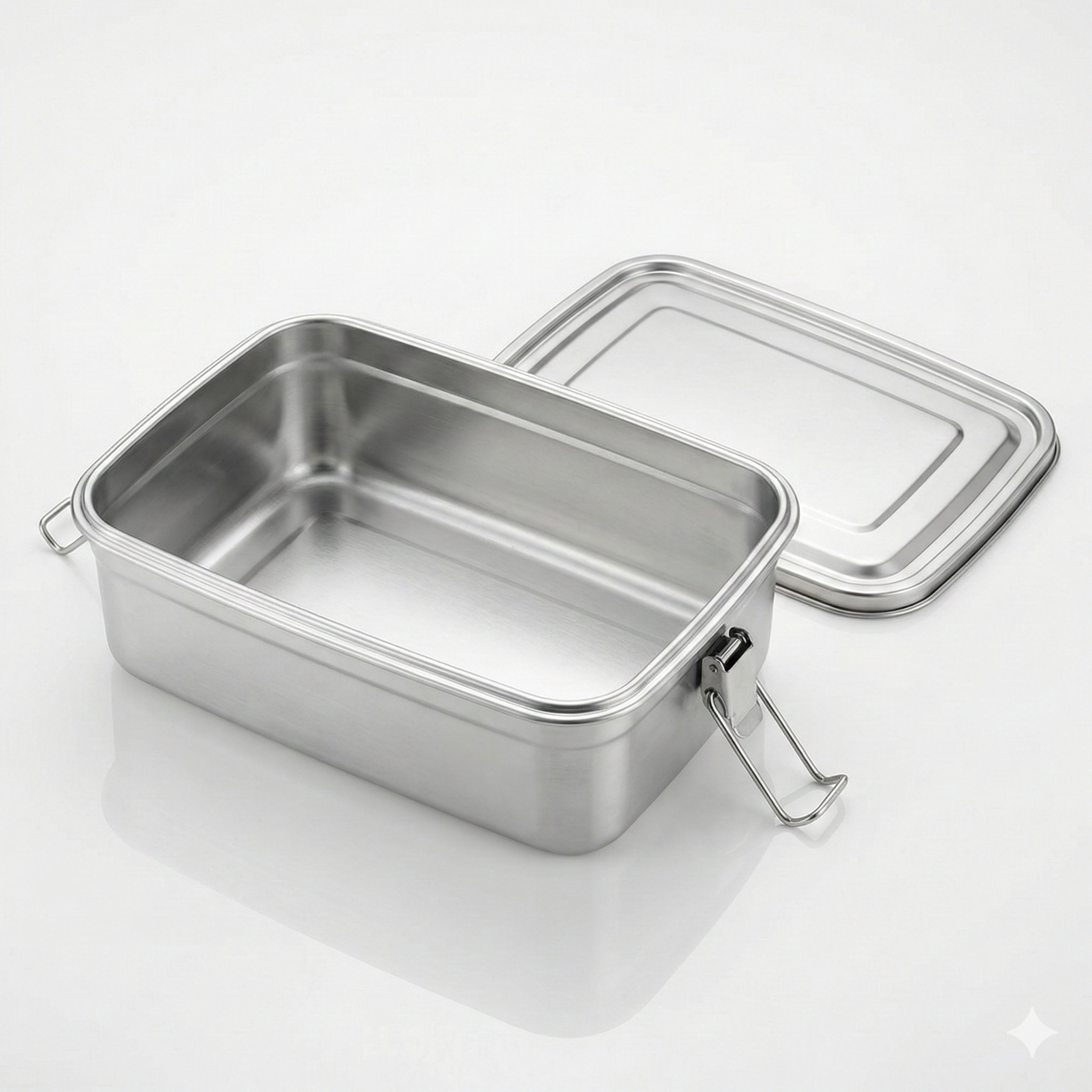 An open, rectangular stainless steel container with locking clips, its lid resting next to it on a white surface.