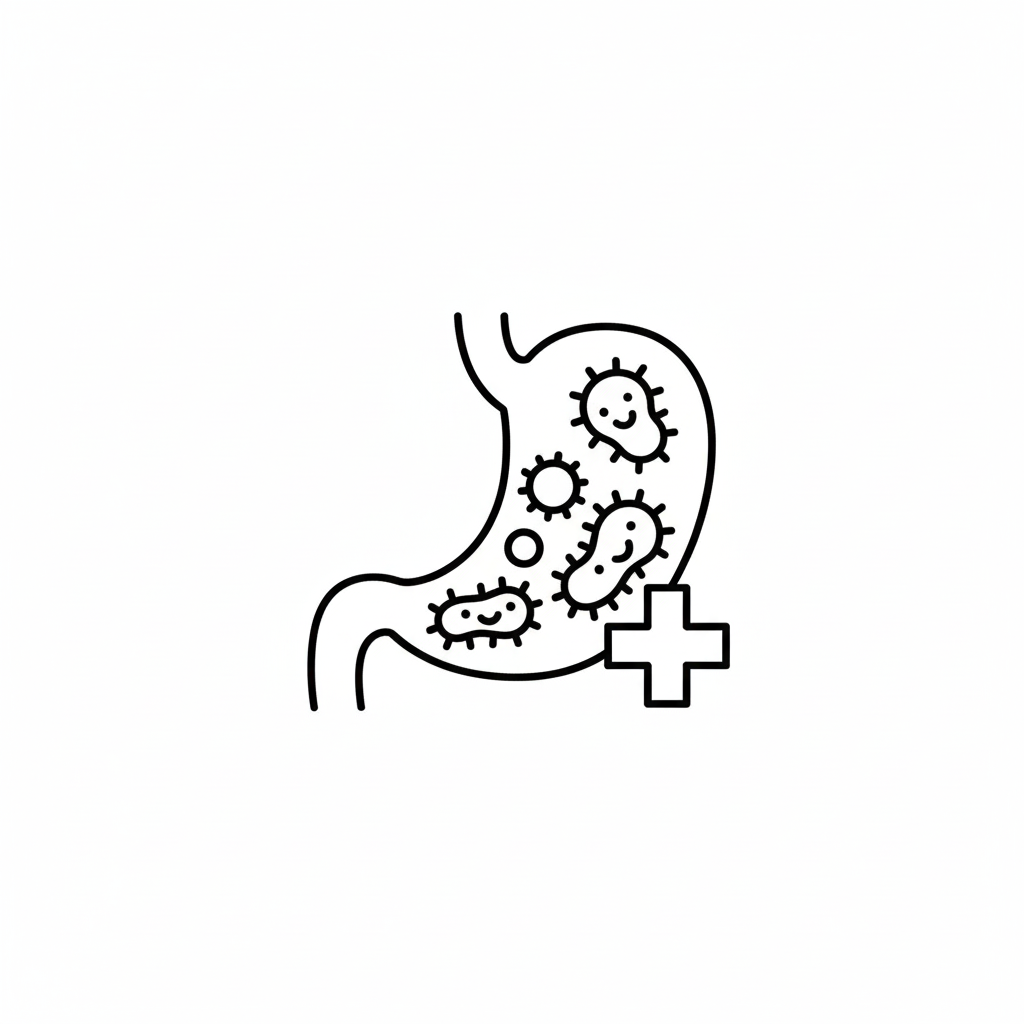 Outline of a stomach with bacteria and a medical cross symbol.