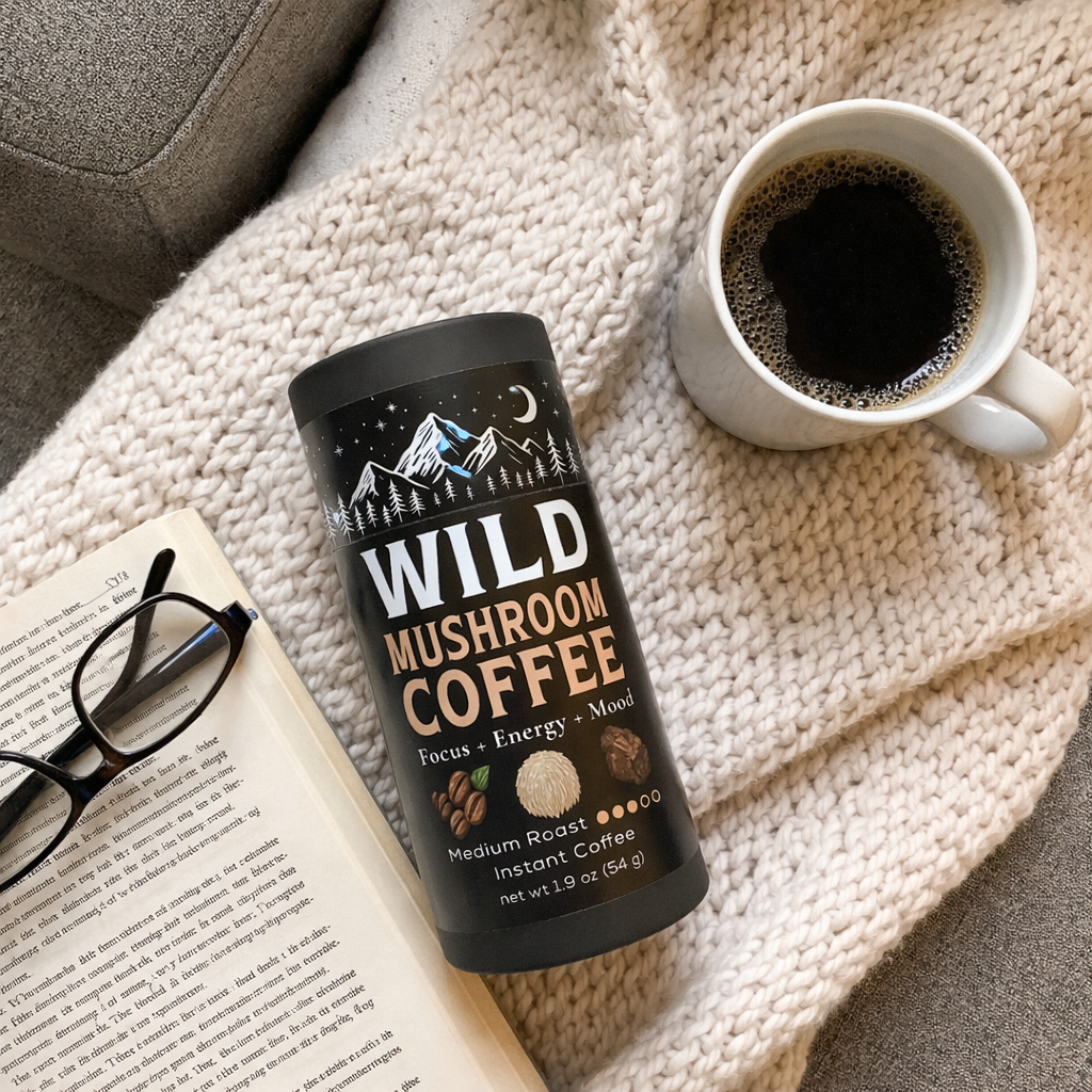 Can of Wild Mushroom Coffee next to a book, glasses, and a cup on a knit blanket.