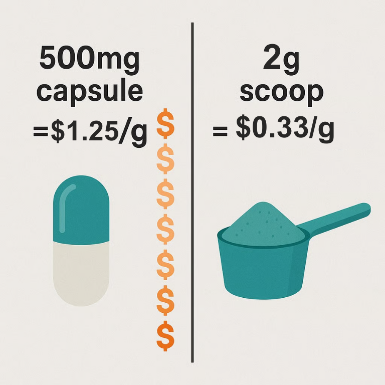 Comparison of cost per gram: 500mg capsule vs. 2g scoop.