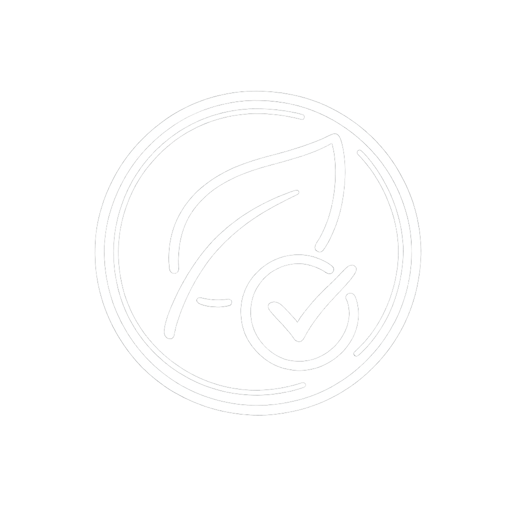 White circular icon with a leaf and checkmark on gradient gray background.