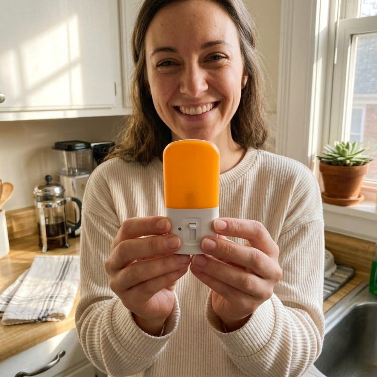 A smiling woman in a kitchen holds up a small, orange and white plug-in night light.