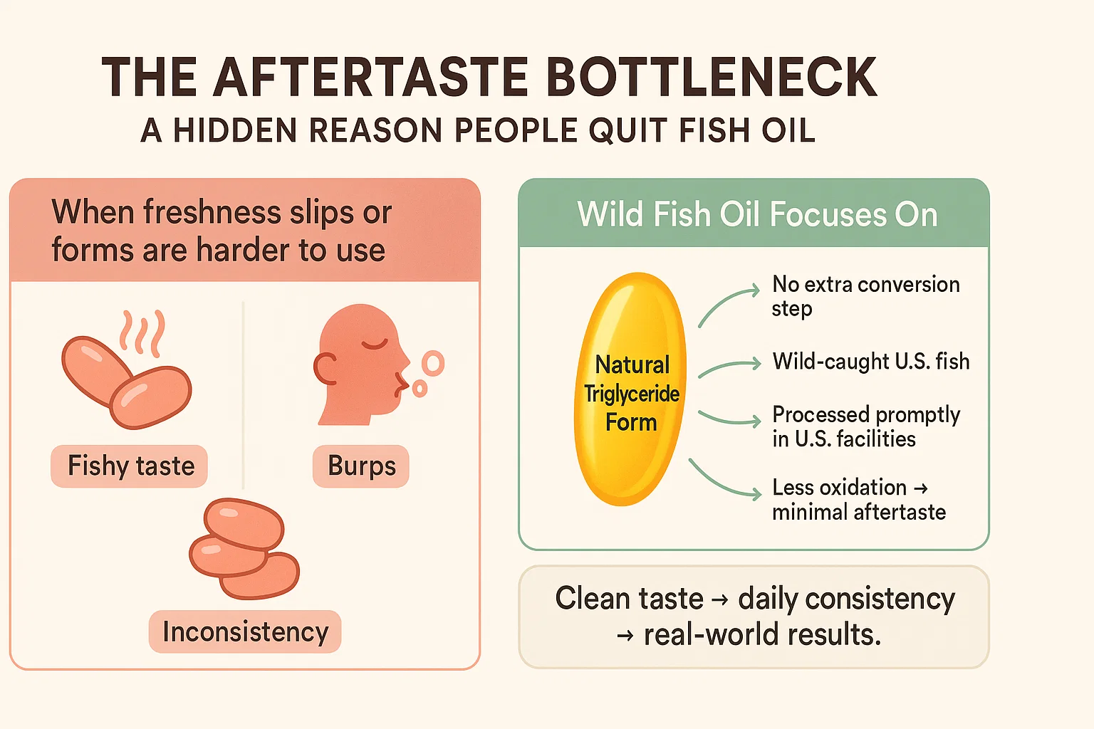 Infographic about fish oil focusing on freshness, taste, and triglyceride form.
