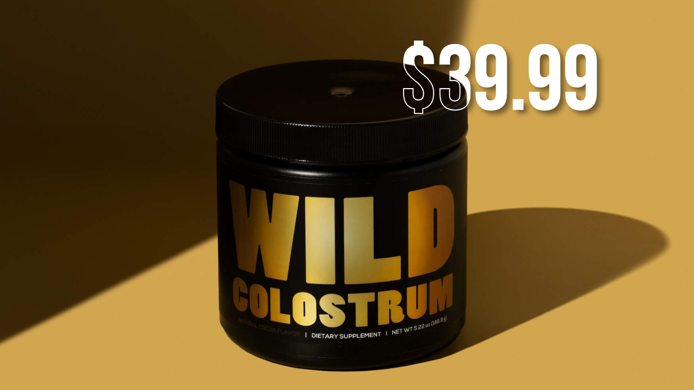 Black jar labeled 'Wild Colostrum' with price $39.99 on yellow background.
