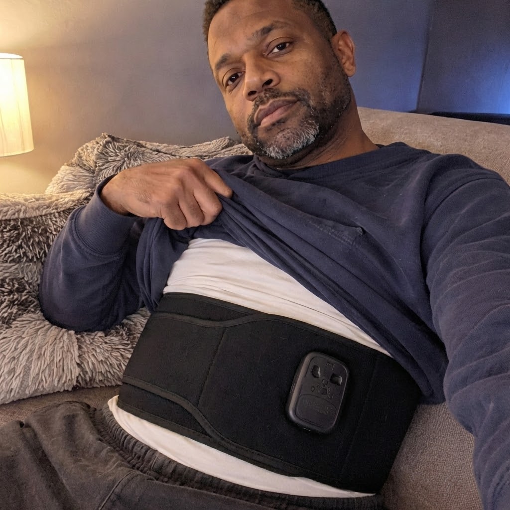 A man on a couch lifts his shirt to show a black electronic therapy belt.