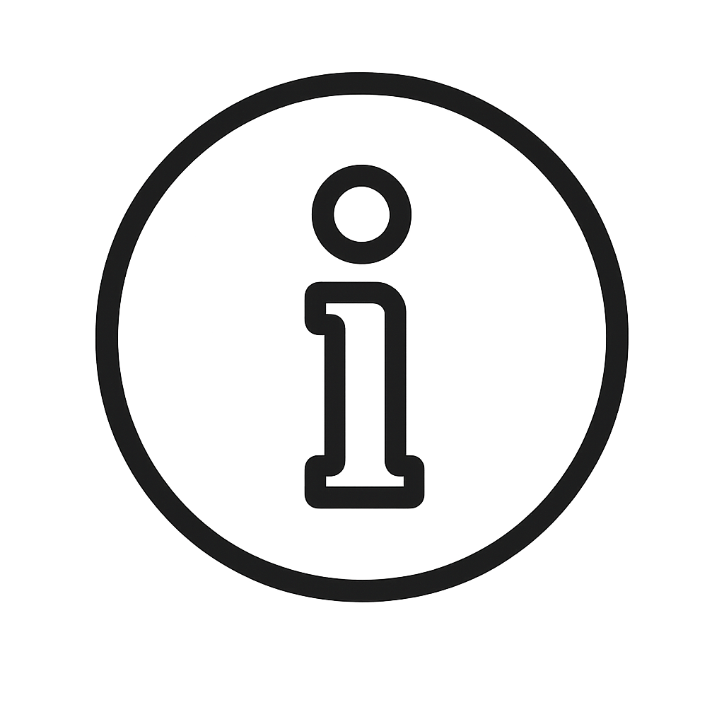 Dark information icon with a circular border on a grey background.