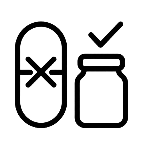 Outline of a crossed pill and a check-marked jar.