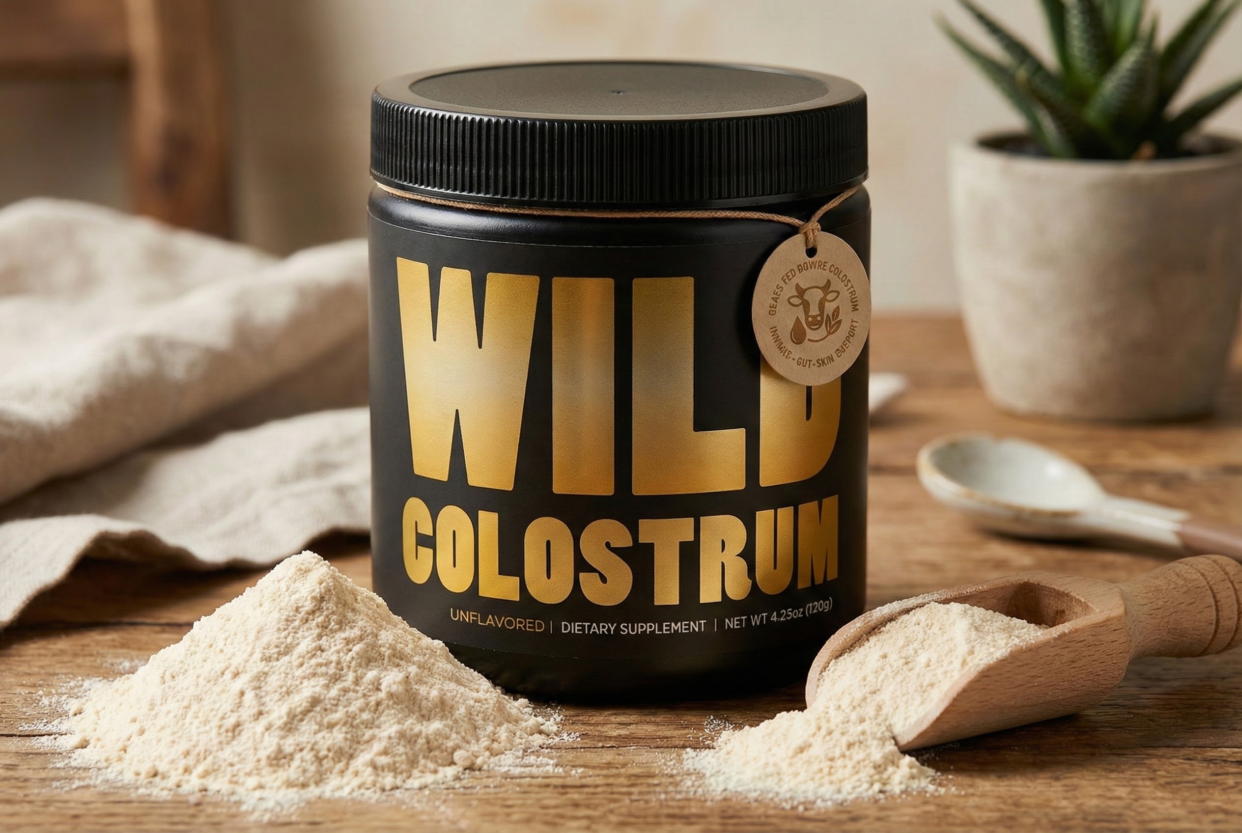 Container of Wild Colostrum powder on table with scoops of powder.