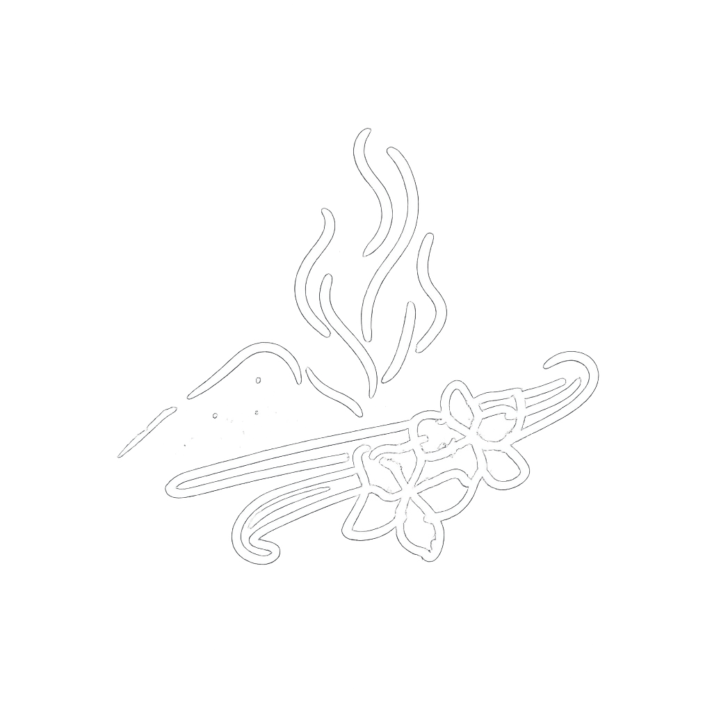 Glowing outline of vanilla pods with flowers and steam.