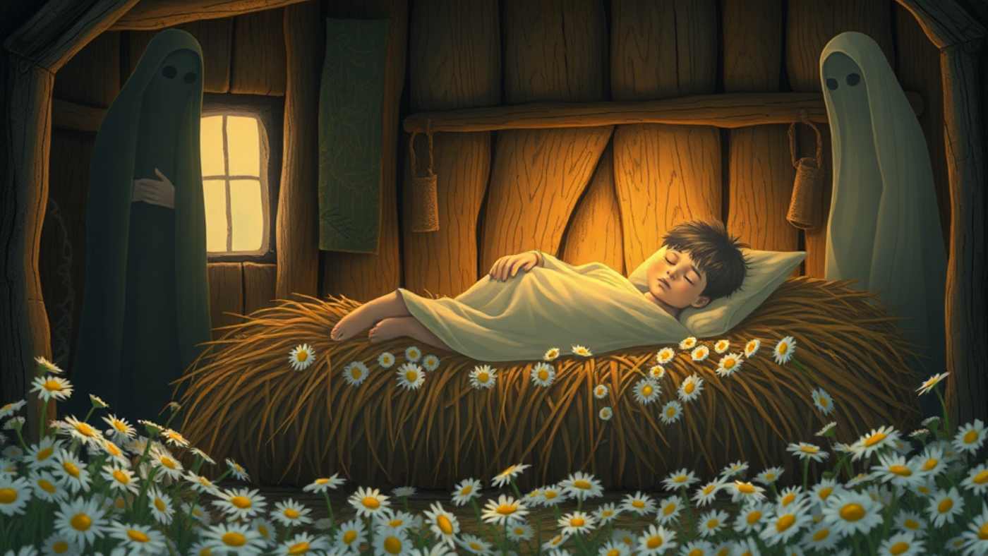 Child sleeping on hay bed surrounded by daisies, with two cloaked figures nearby.