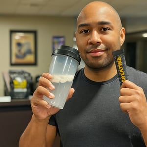 Person smiling while holding a cup of green matcha tea.