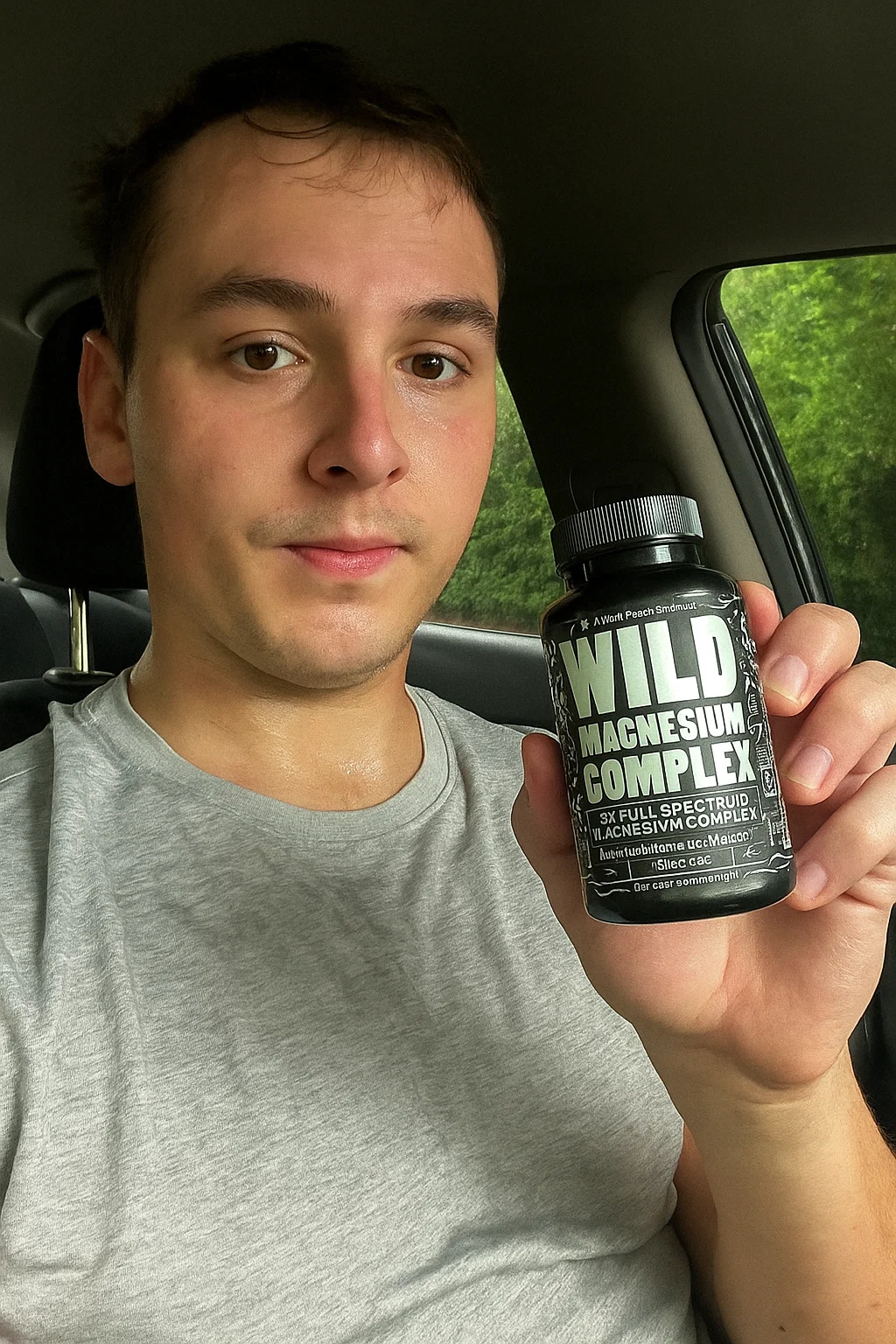 Person in a car holding a bottle of 'Wild Magnesium Complex' supplement.