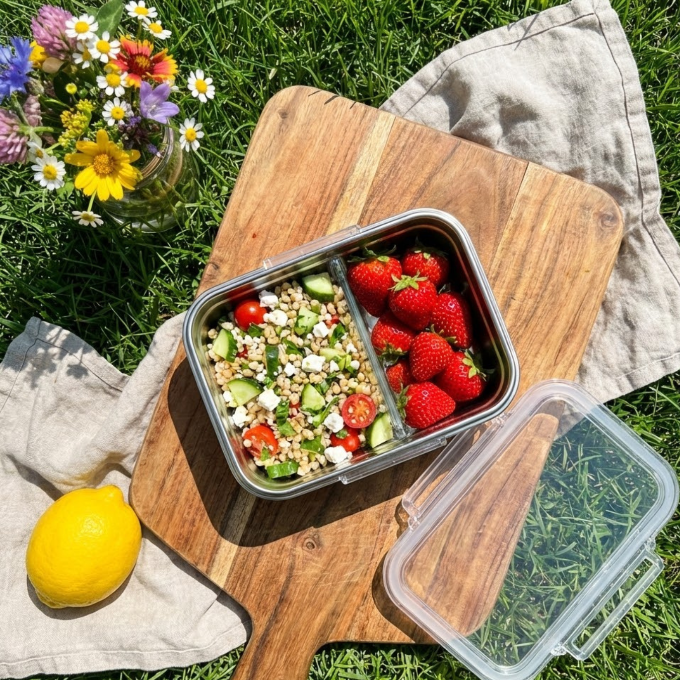 A metal lunchbox with salad and strawberries sits on a wooden board on a grassy lawn.