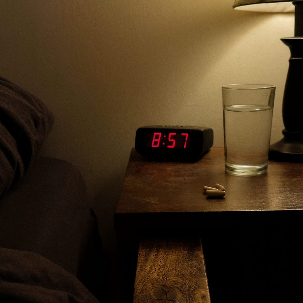Nightstand with digital clock, water glass, and pills under lamp light.