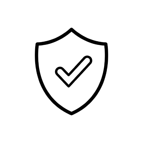 A black outline of a shield with a checkmark inside, on a white background.