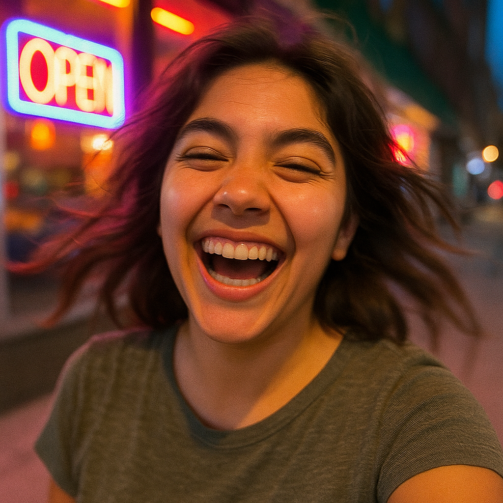 Person laughing in front of an 'OPEN' neon sign on a city street.