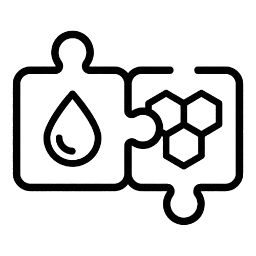 Puzzle pieces with a water droplet and hexagons.