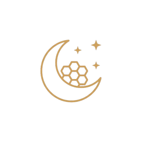 A gold line drawing of a crescent moon with a honeycomb inside it and three stars.