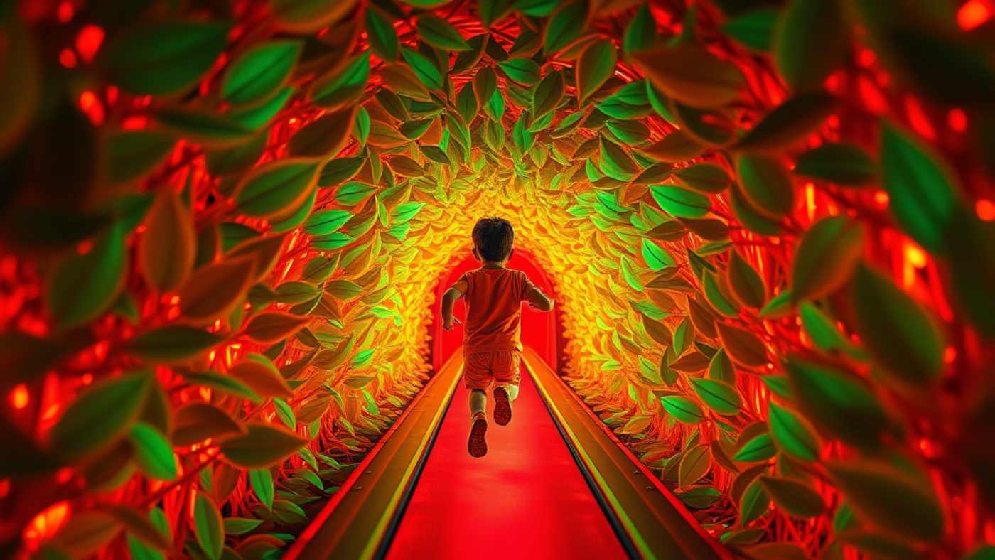Child running through a vibrant, leaf-covered tunnel with red and green lighting.