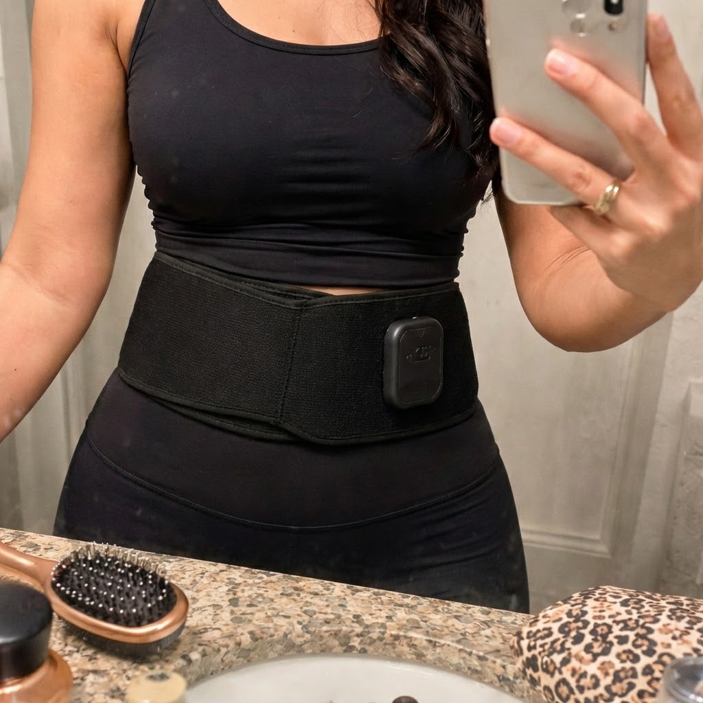 A person wearing a black electronic belt around their waist takes a selfie in a mirror.