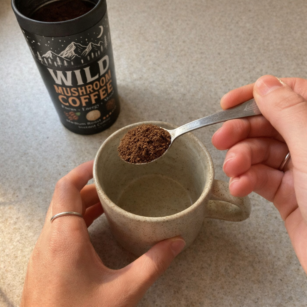 Spoonful of coffee granules over a mug beside a can of wild mushroom coffee.