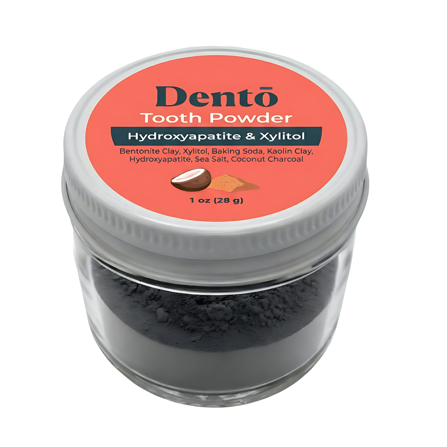 Jar of Dento tooth powder with ingredients listed on the label.
