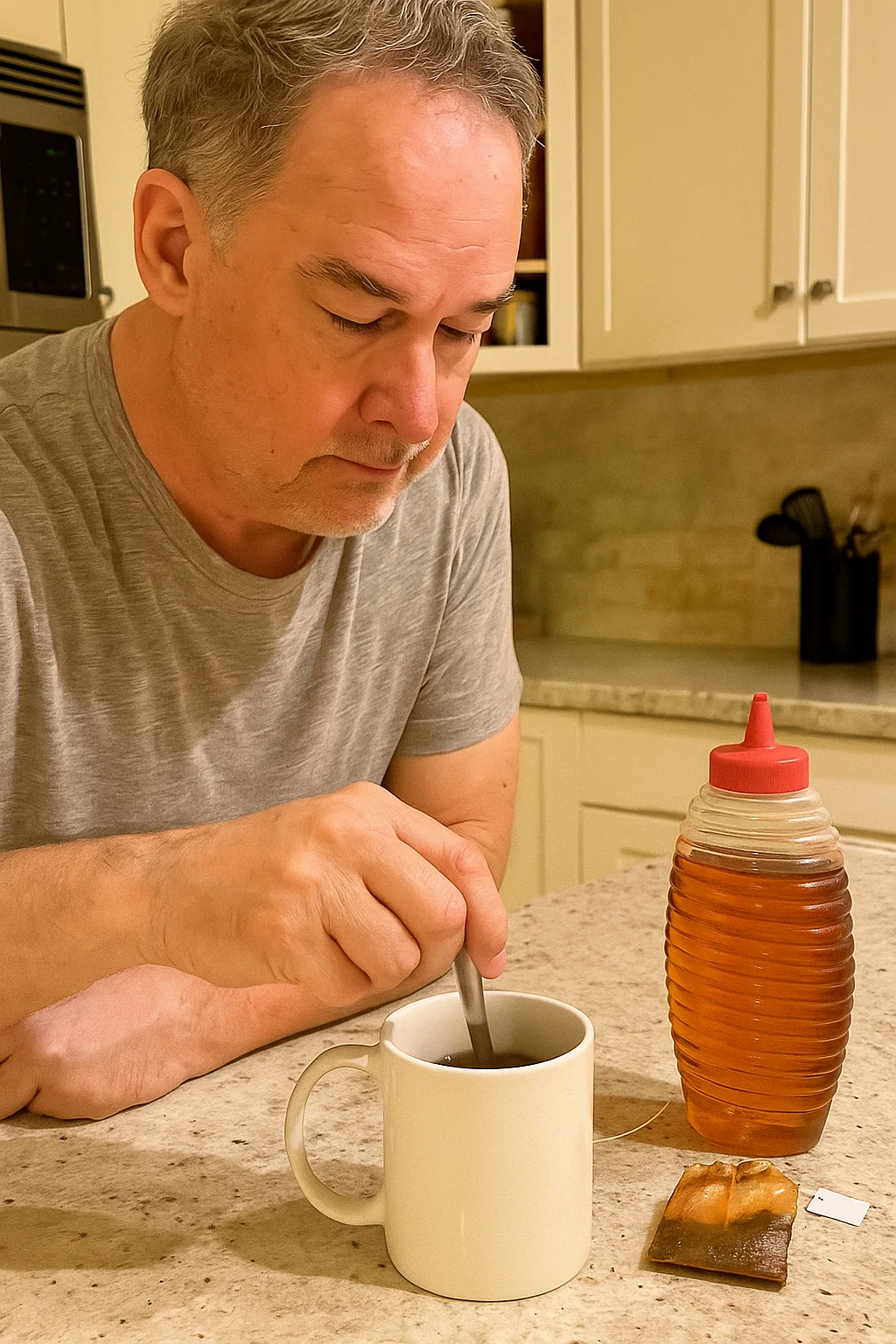 Man stirring a white mug with tea bag and honey on counter.