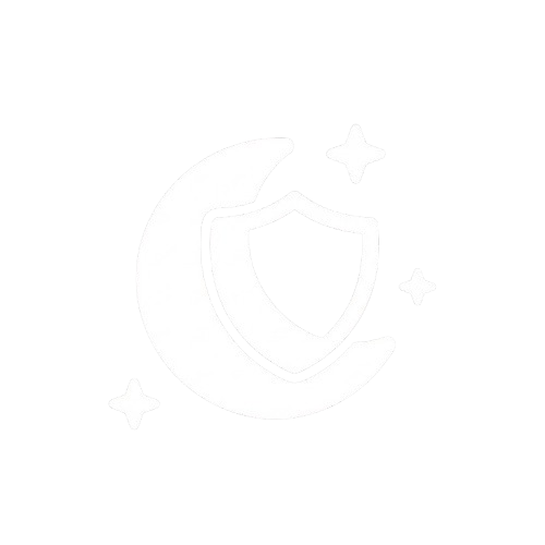 White shield overlapping a crescent moon with two stars on a black background.