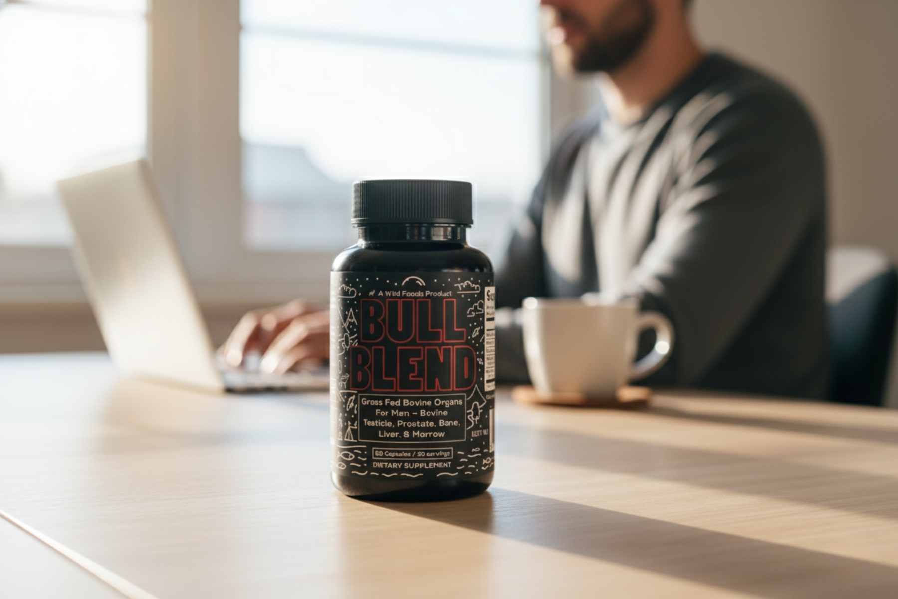 Bottle labeled 'Bull Blend' on a table with a person using a laptop in the background.