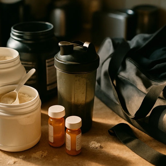 Protein powder, shaker bottle, pill bottles, and gym bag on a table.