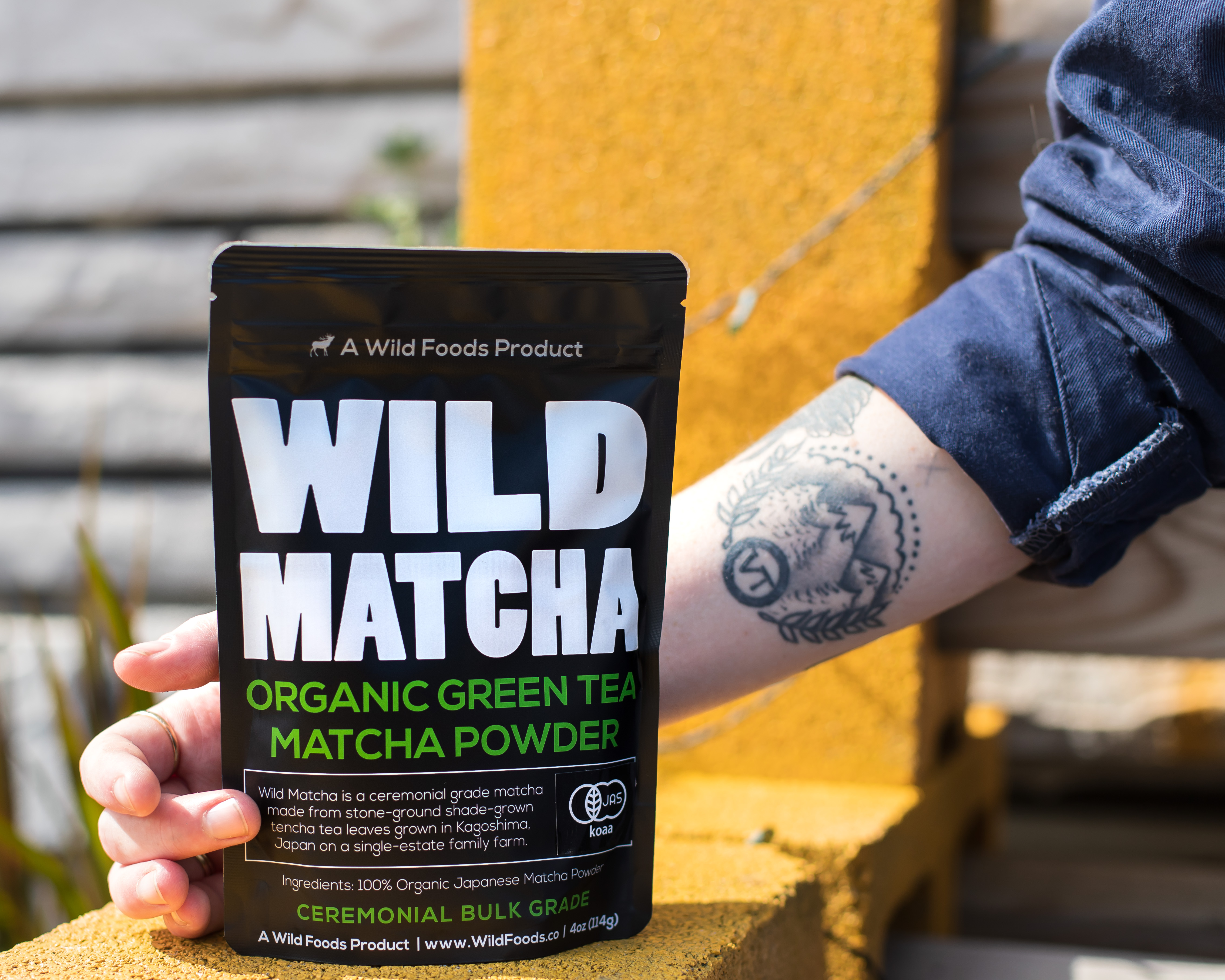 Hand holding a package of Wild Matcha organic green tea powder.
