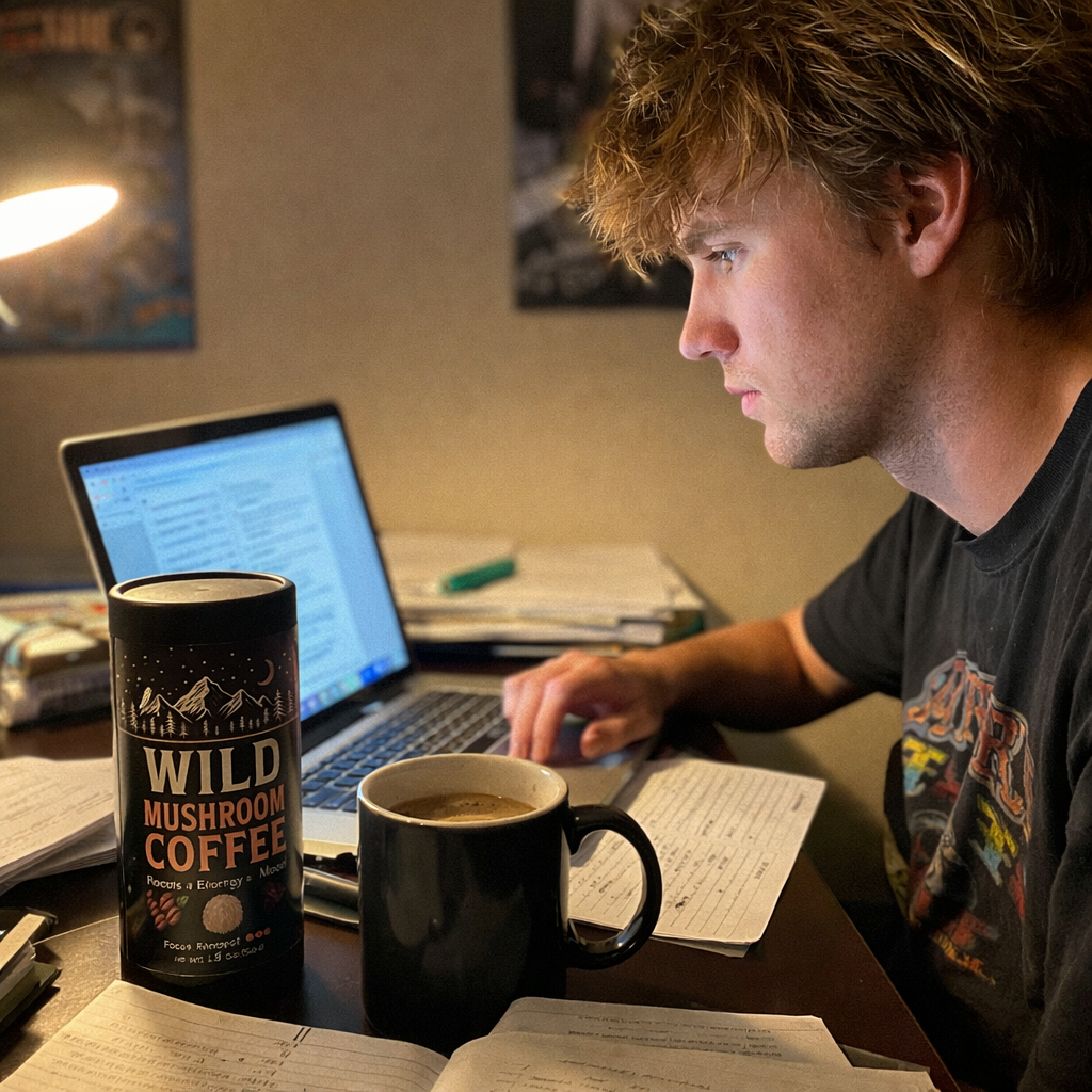 Person working at a desk with a laptop, mug of coffee, and notebooks.