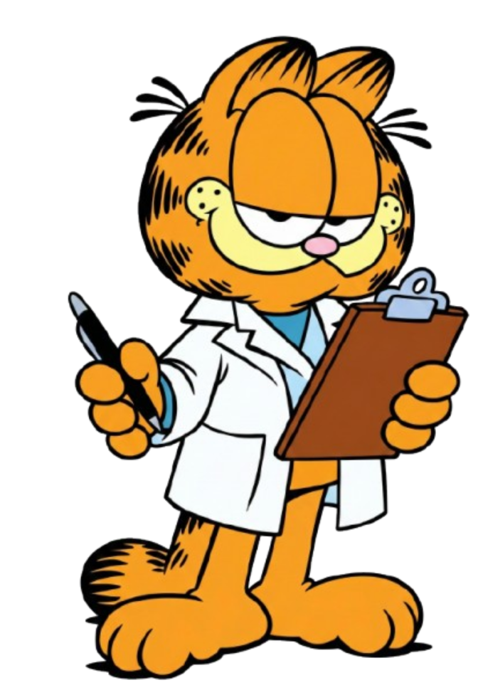 Cartoon cat in a lab coat holding a clipboard and pen.