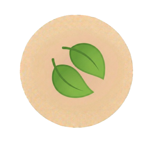 Two green leaves on a beige circular background.