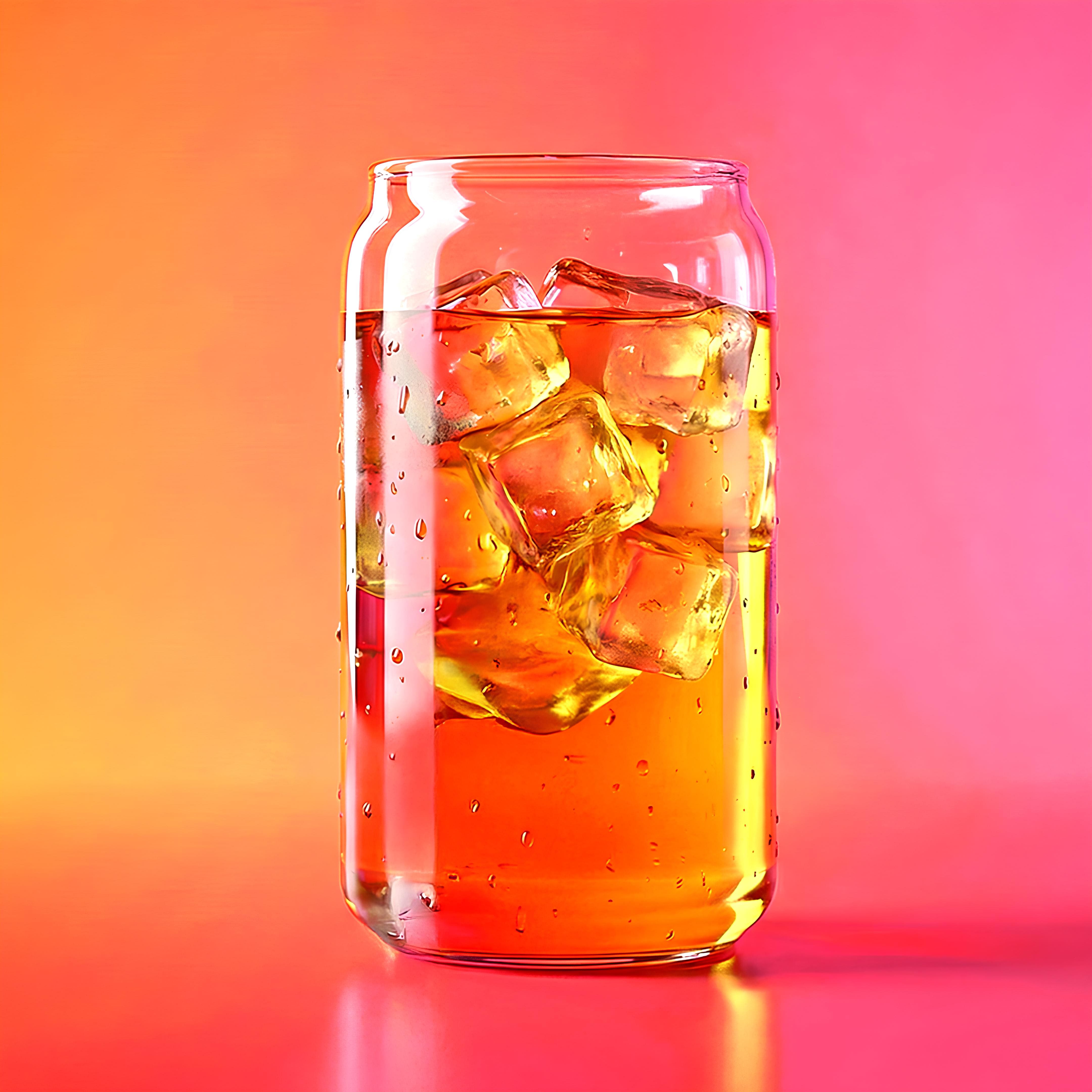 A can-shaped glass filled with an amber liquid and ice cubes against a vibrant orange and pink background.