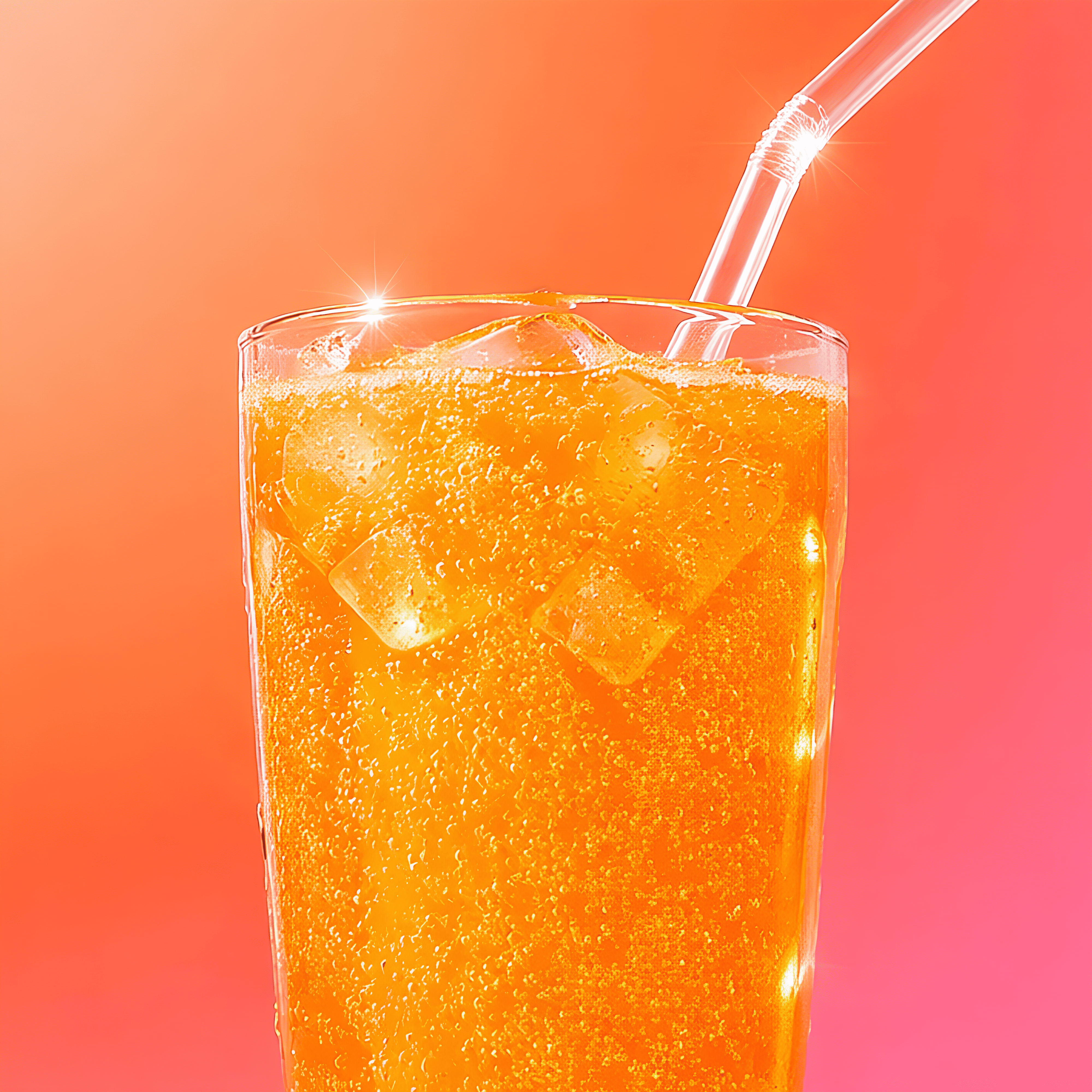 A close-up of a glass of sparkling orange soda with ice cubes and a straw.