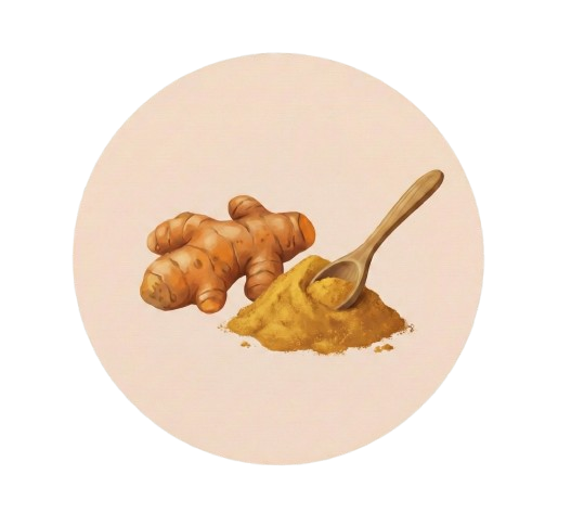 Turmeric root and powder with a wooden spoon on a light background.