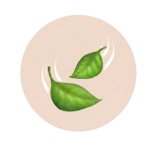 Two green leaves with white swirls on a beige background.